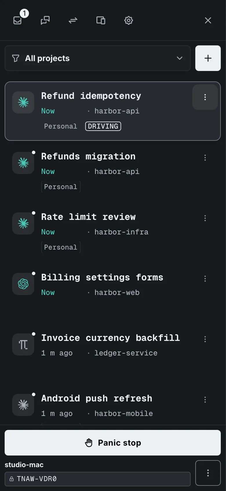 A list of six sessions across three harnesses, each with a name, when it last moved, and a project folder. One is marked as the session being driven.